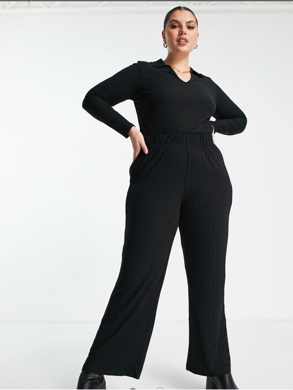 Vero Moda Ribbed Wide Leg Pants Black Pull On Lounge Pants Size L EUC